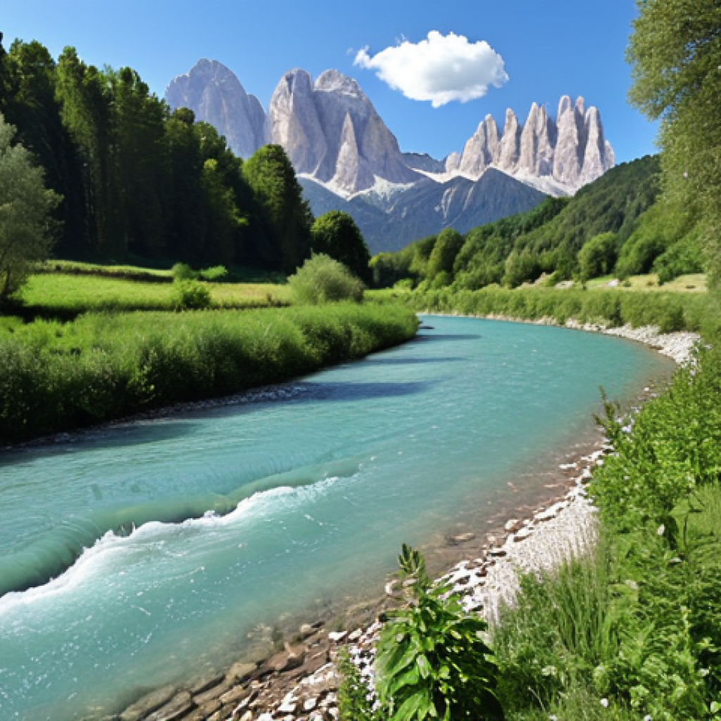 River Reconnection & Natural Engineering**

"A wide, restored Italian river with naturalized banks. Lush riparian vegetation along the shoreline, including trees and shrubs. Visible techniques of natural engineering: wooden fascines and live staking. Clear flowing water. In the background, the Dolomites, clear blue sky. "

**