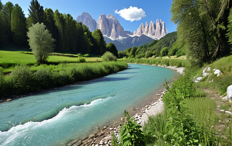 River Reconnection & Natural Engineering**

"A wide, restored Italian river with naturalized banks. Lush riparian vegetation along the shoreline, including trees and shrubs. Visible techniques of natural engineering: wooden fascines and live staking. Clear flowing water. In the background, the Dolomites, clear blue sky. "

**