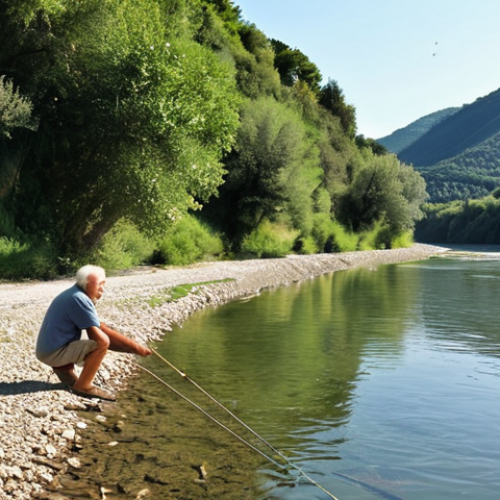 Home 18 **A sun-drenched scene of the Trebbia River in Italy, reminiscent of a childhood memory. An elderly man (nonno) and a young child are fishing on the riverbank, surrounded by lush vegetation. The river reflects the clear sky, showcasing the beauty and tranquility of the natural environment.**