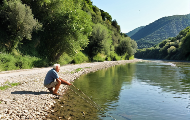 **A sun-drenched scene of the Trebbia River in Italy, reminiscent of a childhood memory. An elderly man (nonno) and a young child are fishing on the riverbank, surrounded by lush vegetation. The river reflects the clear sky, showcasing the beauty and tranquility of the natural environment.**