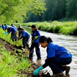 A diverse group of adult volunteers and well-supervised older children, all fully clothed in practical outdoor work attire, actively engaged in a river restoration project. Some individuals are carefully planting young native trees along the riverbank, while others are diligently collecting non-hazardous debris with gloves and eco-friendly bags. The scene is a sun-drenched riverbank with visibly clear, flowing water, surrounded by lush, reforested vegetation. The atmosphere is collaborative, hopeful, and focused on environmental stewardship. Professional photography, high quality, perfect anatomy, correct proportions, natural pose, well-formed hands, proper finger count, natural body proportions, fully clothed, modest clothing, appropriate attire, professional dress, safe for work, appropriate content, family-friendly.