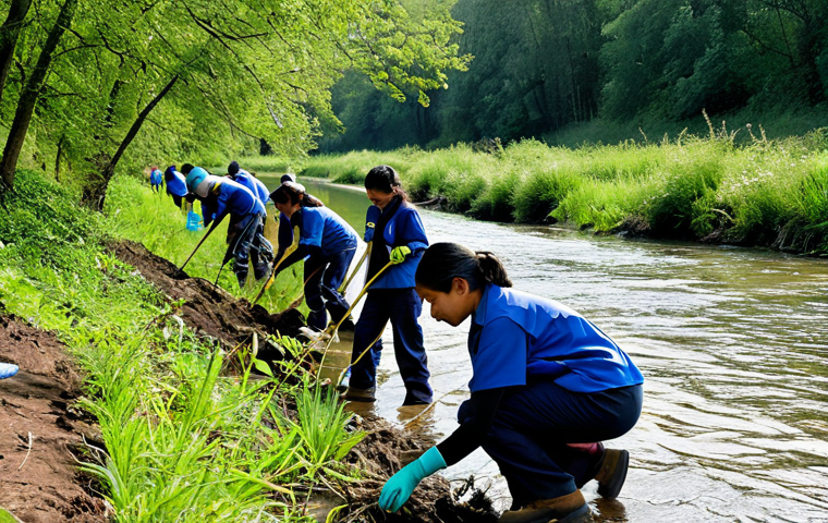 A diverse group of adult volunteers and well-supervised older children, all fully clothed in practical outdoor work attire, actively engaged in a river restoration project. Some individuals are carefully planting young native trees along the riverbank, while others are diligently collecting non-hazardous debris with gloves and eco-friendly bags. The scene is a sun-drenched riverbank with visibly clear, flowing water, surrounded by lush, reforested vegetation. The atmosphere is collaborative, hopeful, and focused on environmental stewardship. Professional photography, high quality, perfect anatomy, correct proportions, natural pose, well-formed hands, proper finger count, natural body proportions, fully clothed, modest clothing, appropriate attire, professional dress, safe for work, appropriate content, family-friendly.
