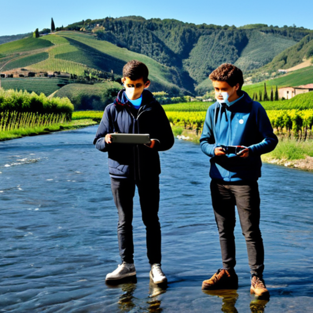 Young Eco-Warriors Monitoring a River with a Drone**
"A group of Italian teenagers, fully clothed in appropriate outdoor gear, are using a drone to monitor a riverbank for pollution. The scene is set in the Italian countryside, with rolling hills and vineyards in the background. The teenagers are enthusiastic and focused, using tablets to analyze the drone's data. Safe for work, appropriate content, professional, perfect anatomy, natural proportions, drone photography, clear sky, family-friendly."
**