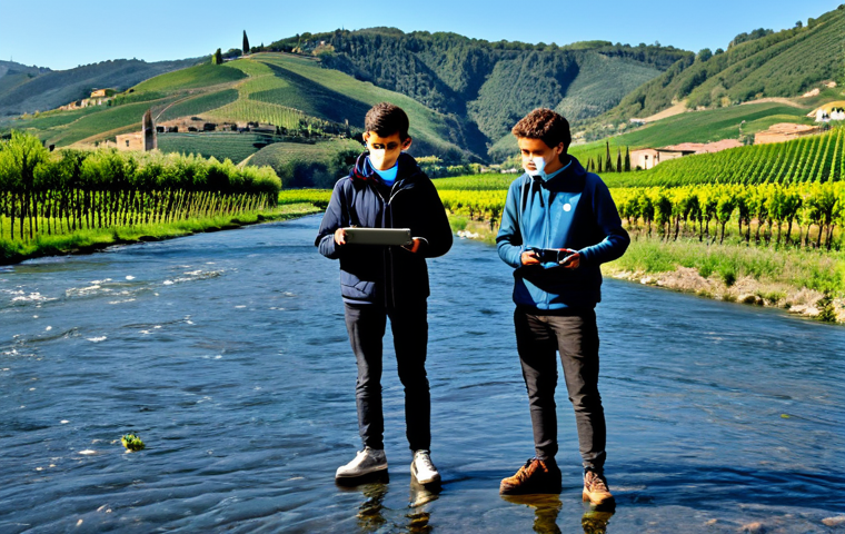 Young Eco-Warriors Monitoring a River with a Drone**

"A group of Italian teenagers, fully clothed in appropriate outdoor gear, are using a drone to monitor a riverbank for pollution. The scene is set in the Italian countryside, with rolling hills and vineyards in the background. The teenagers are enthusiastic and focused, using tablets to analyze the drone's data. Safe for work, appropriate content, professional, perfect anatomy, natural proportions, drone photography, clear sky, family-friendly."

**