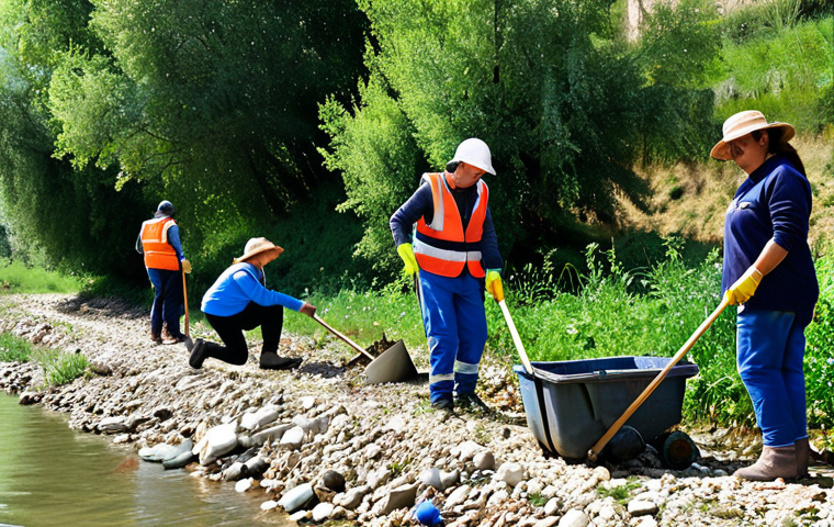 **

"A vibrant scene of community volunteers, fully clothed in appropriate attire, working together to clean up a riverbank in the Italian countryside.  Diverse group of people, including children and adults, are planting native trees and removing trash. Clear blue sky, sparkling river, lush green vegetation.  Safe for work, appropriate content, family-friendly. Perfect anatomy, correct proportions, natural pose, well-formed hands, proper finger count, natural body proportions, professional photography, high quality."

**