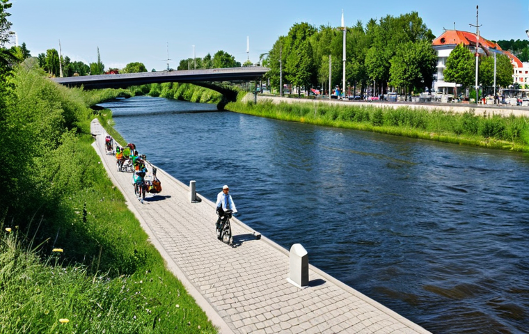 **
"Picturesque view of the Reno river in Germany after its revitalization, fully clothed tourists enjoying a bike path along the riverbank, appropriate attire, safe for work, showcasing the increased biodiversity and sustainable tourism, perfect anatomy, correct proportions, professional photography, bright sunny day, family-friendly."
**