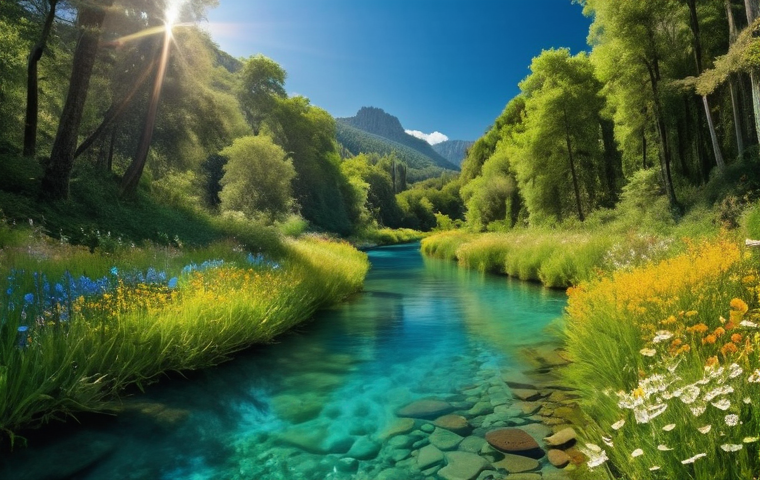 하천 생태계 복원과 생물 다양성 보호 - **Prompt:** A vibrant, crystal-clear Italian river, possibly the Po, flowing gently through a lush, ...