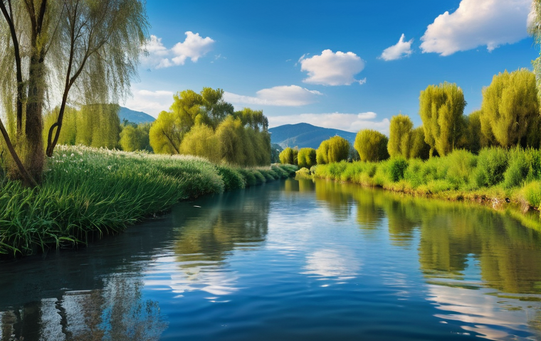 하천 생태계 복원과 생물 다양성 보호 - **Prompt:** A vibrant, crystal-clear Italian river, possibly the Po, flowing gently through a lush, ...