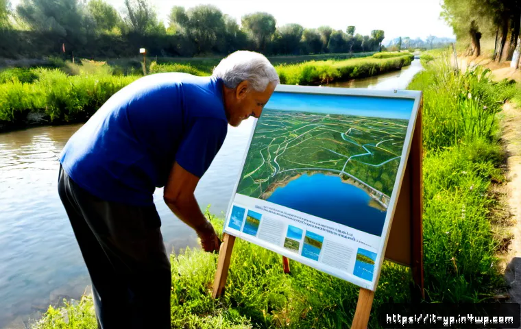 하천 생태계 복원 참여를 위한 정보 제공 전략 - Photorealistic community river restoration information booth beside a clean Italian riverside park, ...