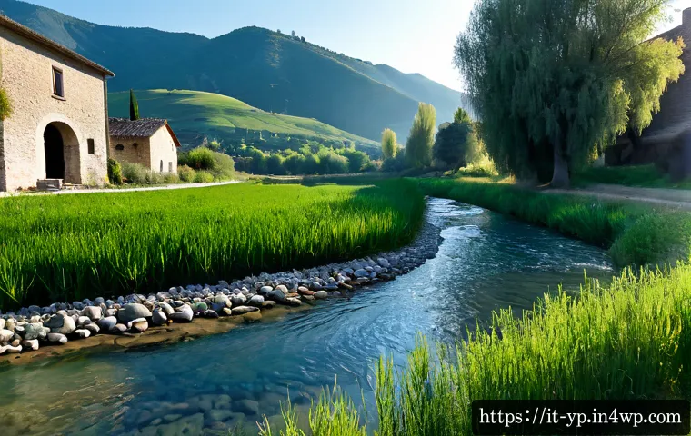 Home 17 하천 생태계 복원과 지역 생태계 회복력 - Photorealistic restored river ecosystem in the Italian countryside, a clear shallow stream flowing t...