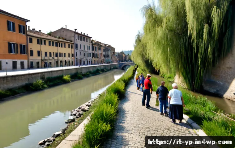 Home 17 하천 복원 활동의 사회적 가치 분석 - Photorealistic wide-angle scene of a restored urban riverbank in an Italian town, clear flowing wate...