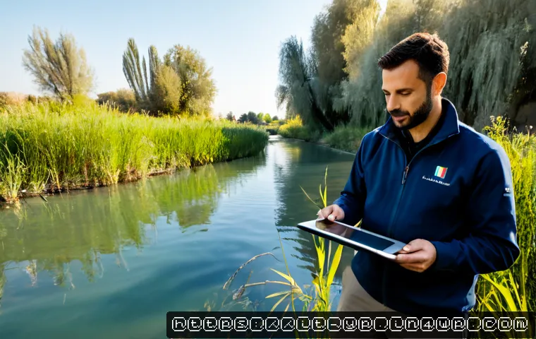 Home 17 하천 생태계 복원 관련 연구 결과 공유 - Photorealistic environmental research team sharing river ecosystem restoration findings beside a cle...
