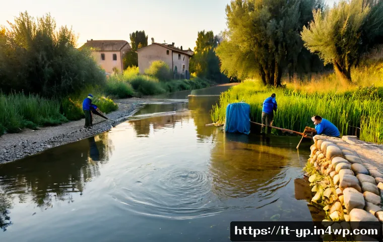Home 17 하천 생태계 복원과 시민 과학의 역할 - Photorealistic Italian riverside restoration project at dawn, a clear shallow stream flowing through...